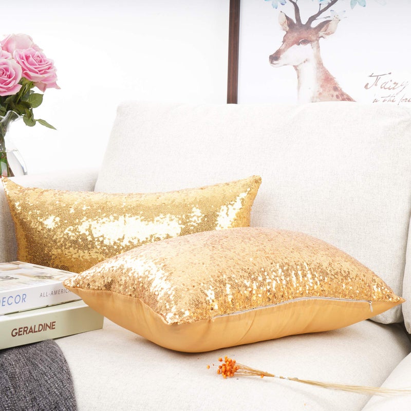 YOUR SMILE Pack of 2, New Luxury Series Gold Decorative Glitzy Sequin & Comfy Satin Solid Throw Pillow Cover Cushion Case for Wedding/Christmas,12" x 20" - Image 3